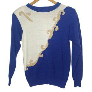 Vintage NOS Tan Jay Womens S Pullover Sweater Gold Metallic Swirl Blue Cream